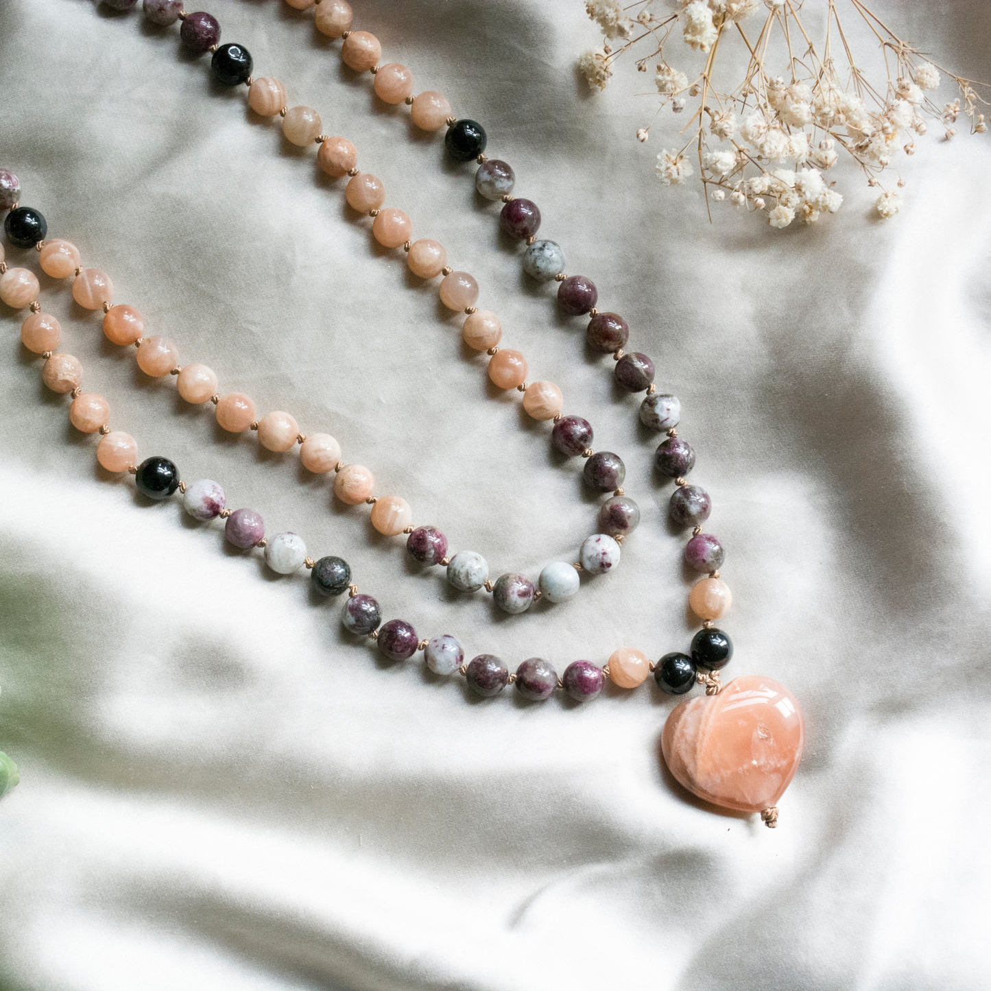 Crystal hand knotted mala for joy, balance, protection