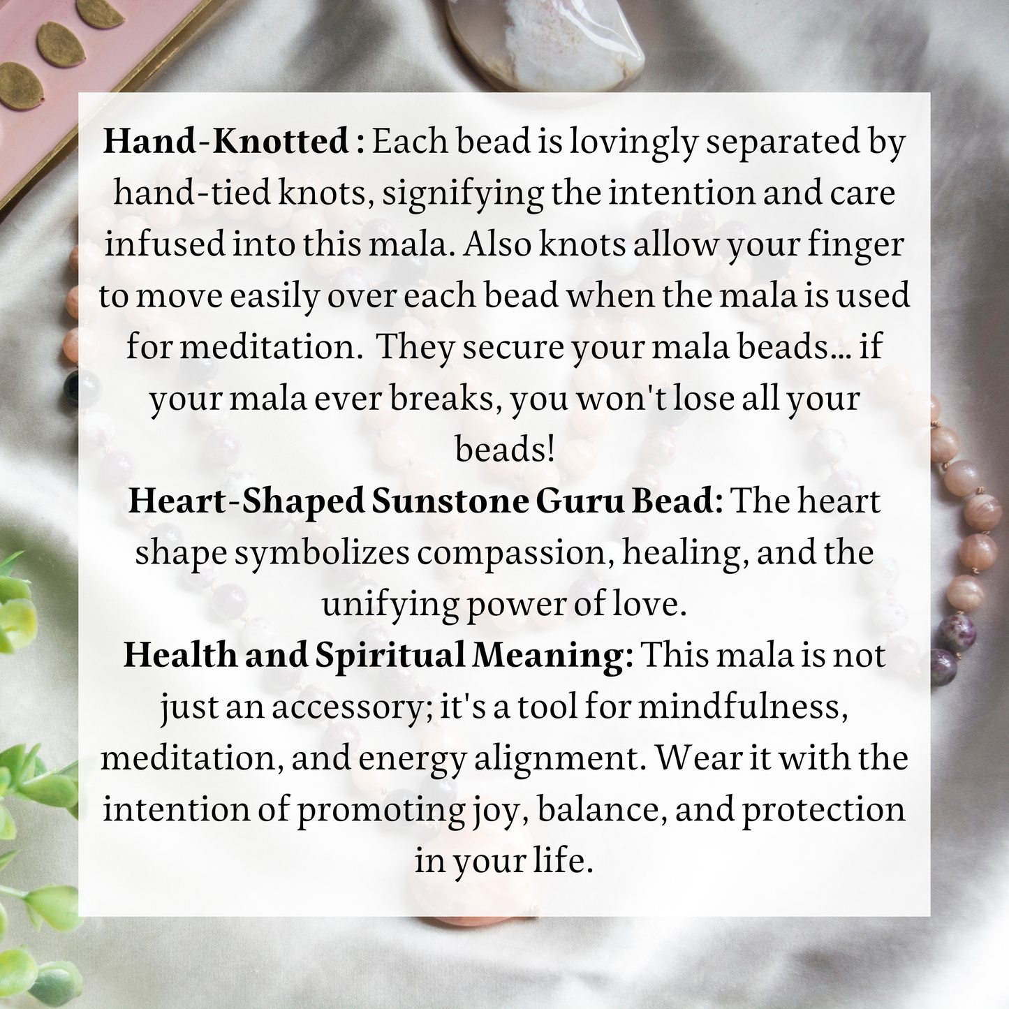 Crystal hand knotted mala for joy, balance, protection