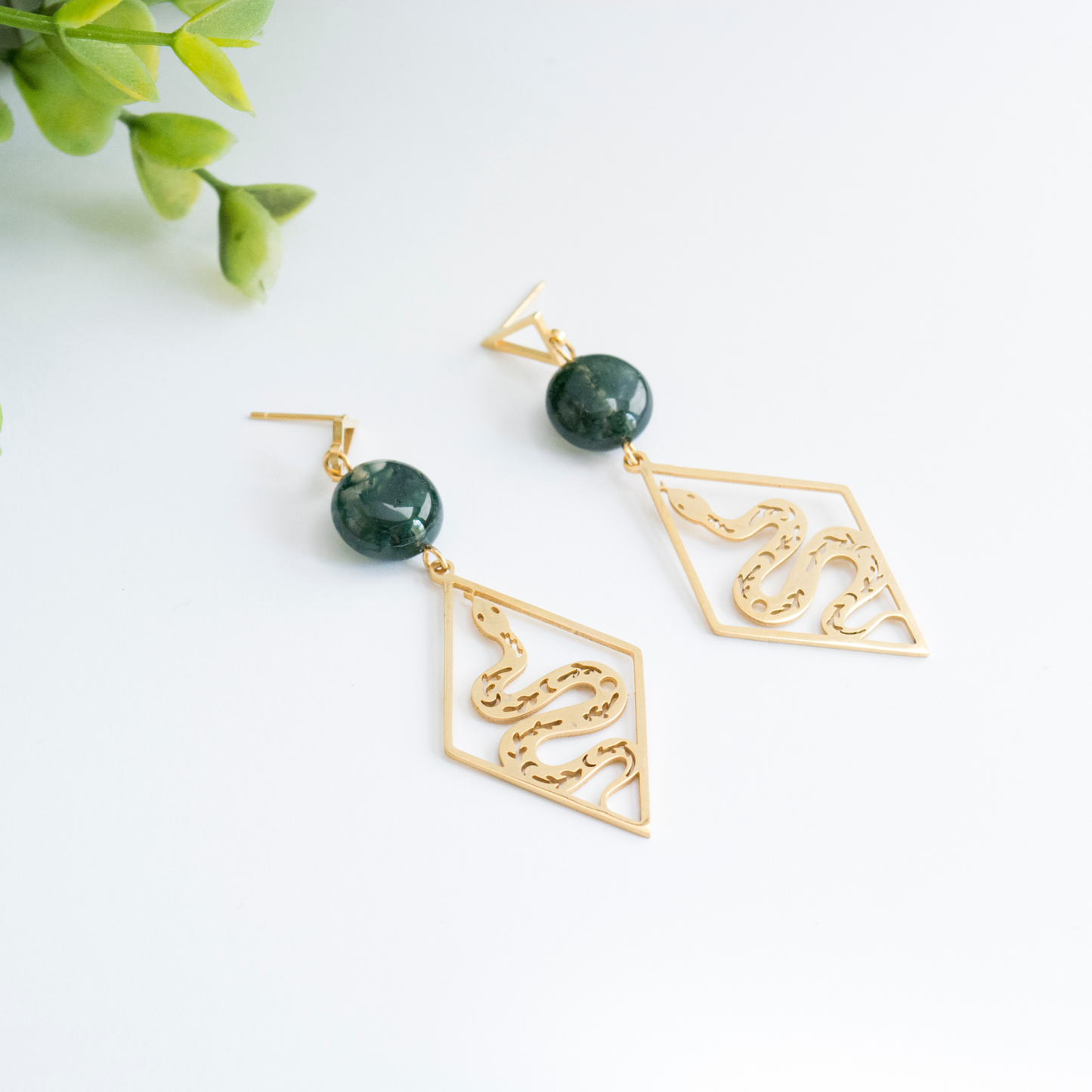 Snake dangle earrings with Moss agate crystal