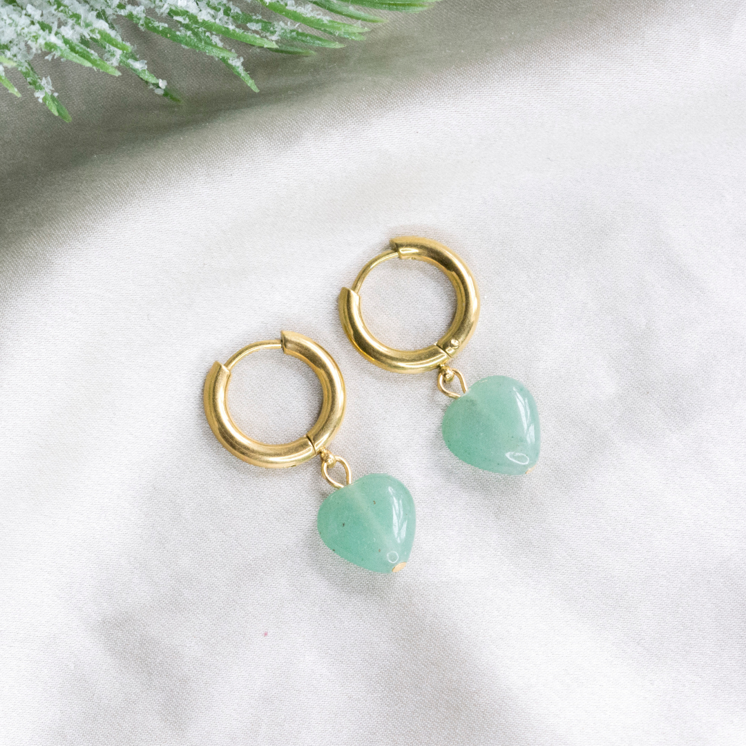Aventurine Hoop Earrings, Dangle Stainless Steel Hoops