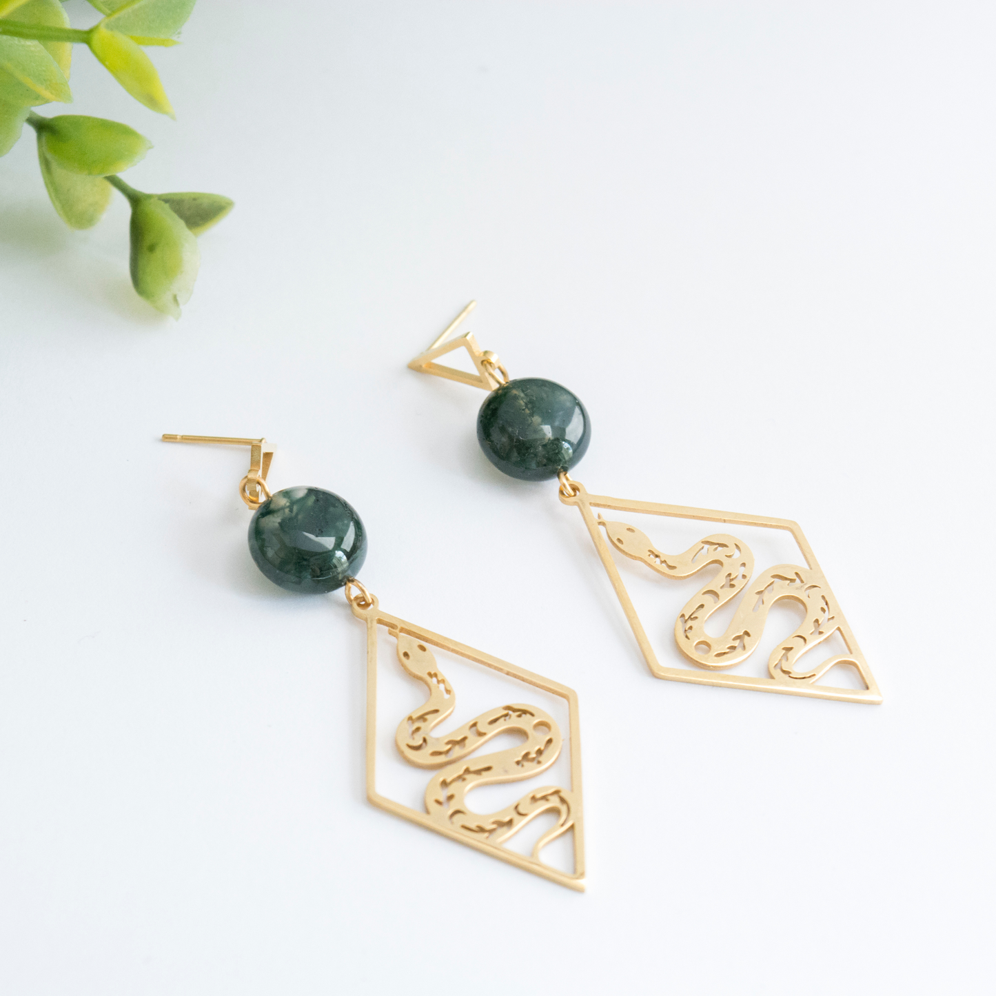 Snake dangle earrings with Moss agate crystal