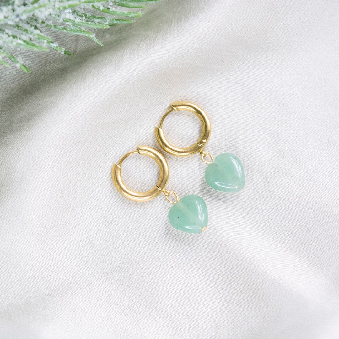Aventurine Hoop Earrings, Dangle Stainless Steel Hoops