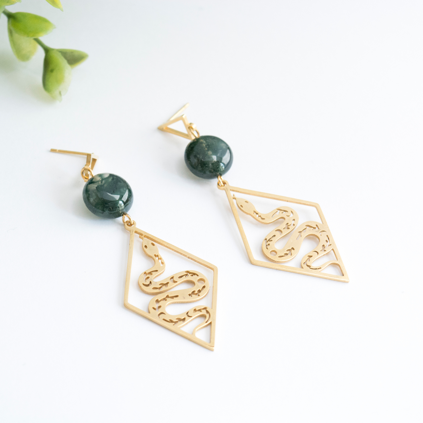Snake dangle earrings with Moss agate crystal