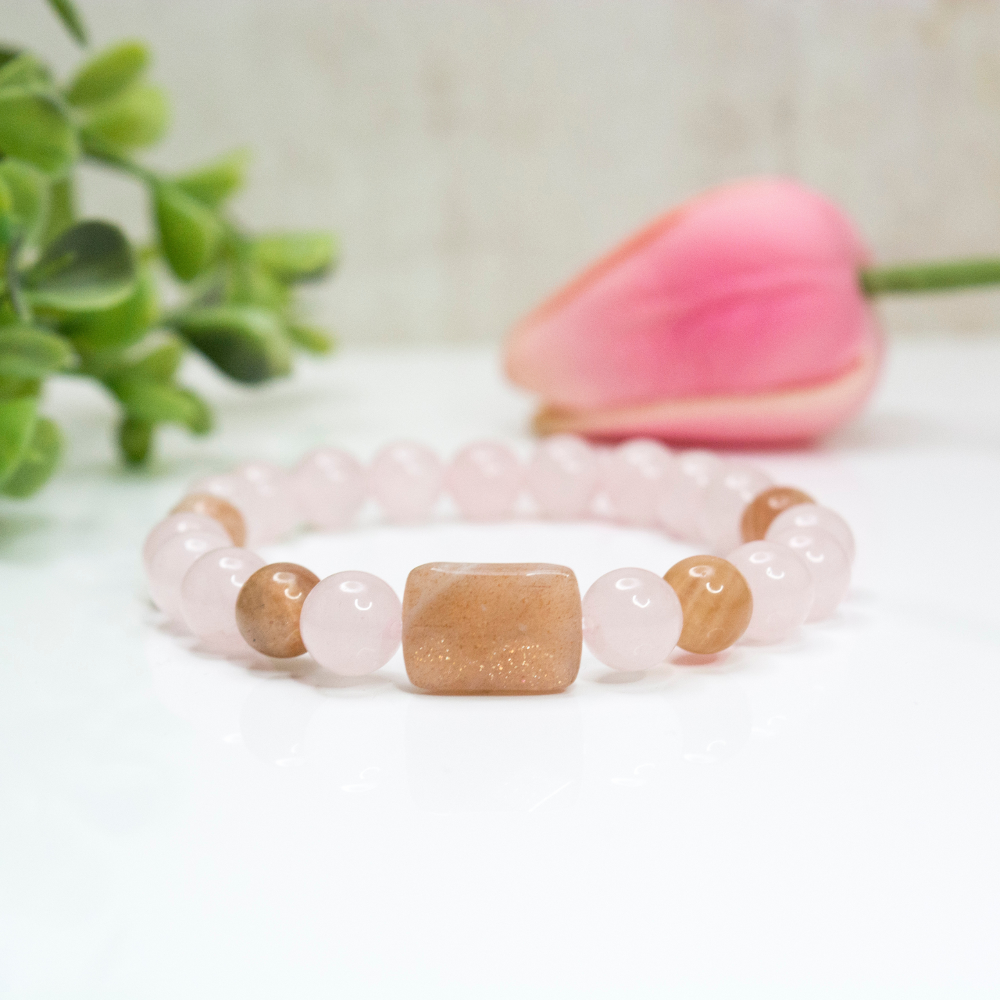 Happiness and love attraction Sunstone and rose quartz Crystal Bracelet, SpringJewelry, Gift for Mothers day, Beaded strech bracelet