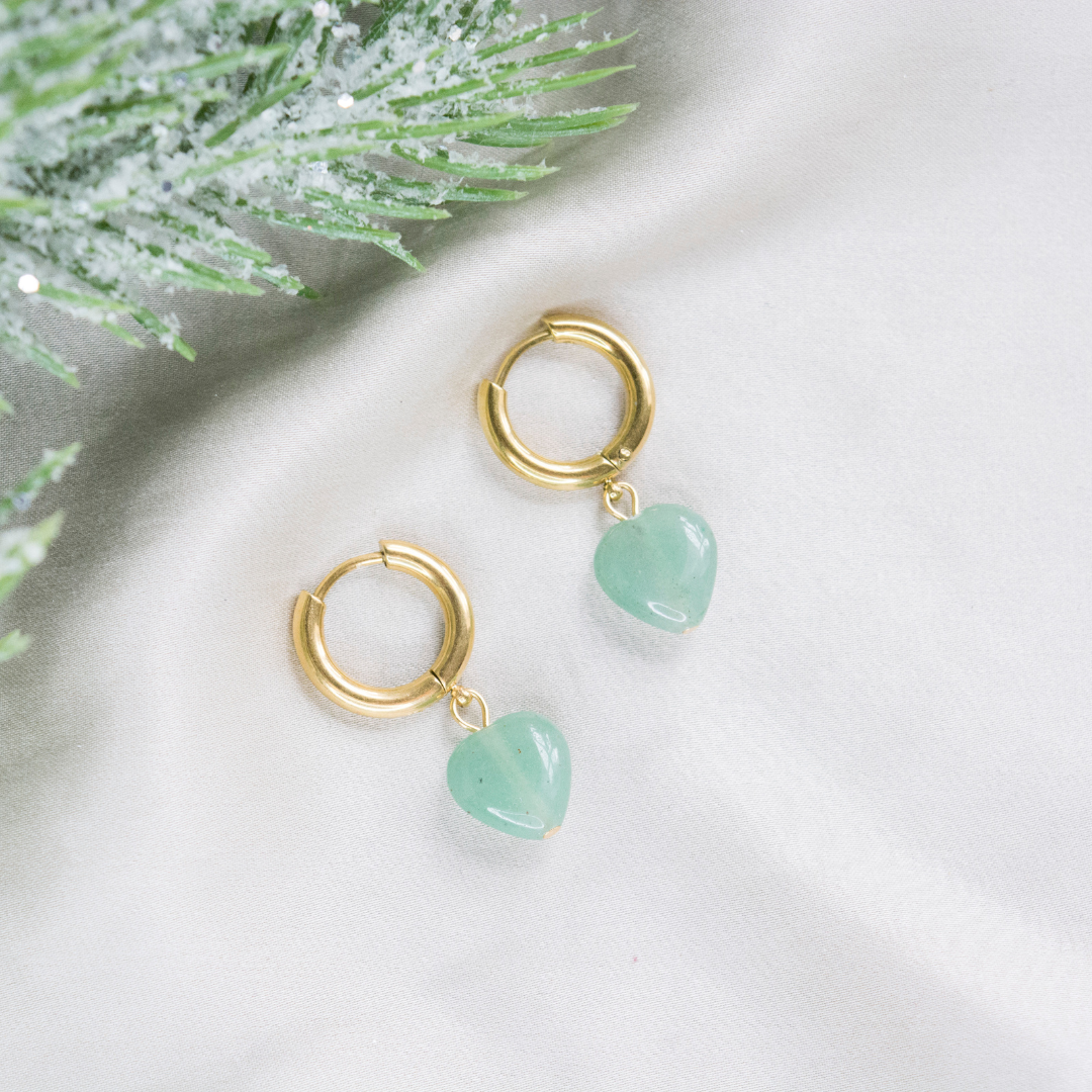 Aventurine Hoop Earrings, Dangle Stainless Steel Hoops
