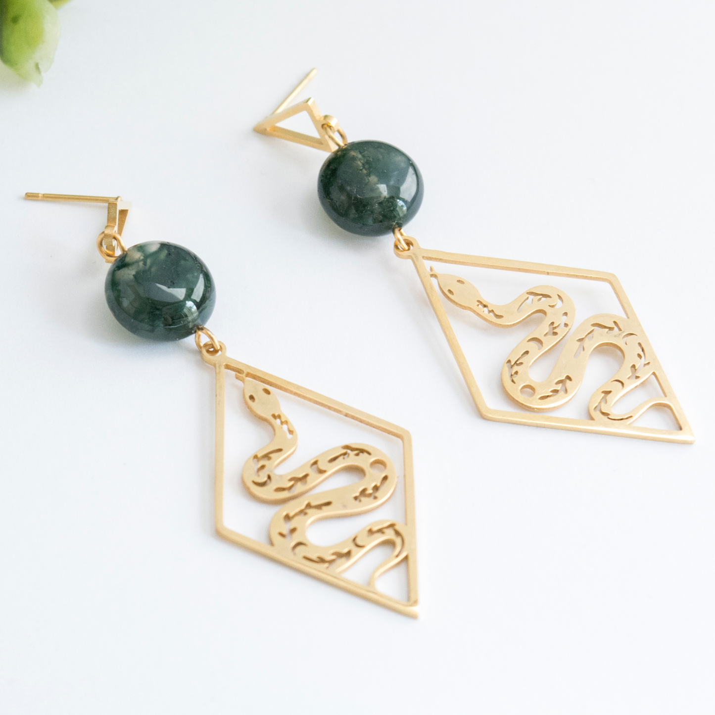 Snake dangle earrings with Moss agate crystal