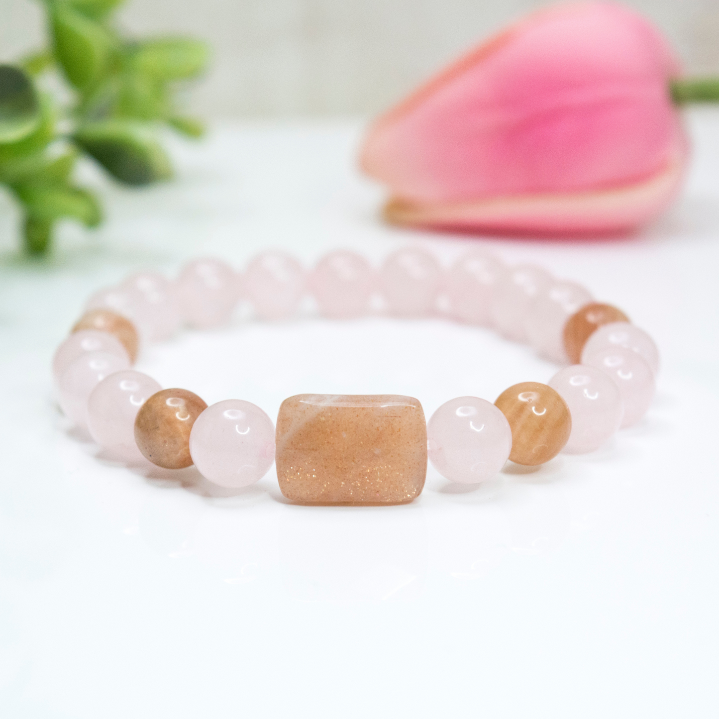Happiness and love attraction Sunstone and rose quartz Crystal Bracelet, SpringJewelry, Gift for Mothers day, Beaded strech bracelet