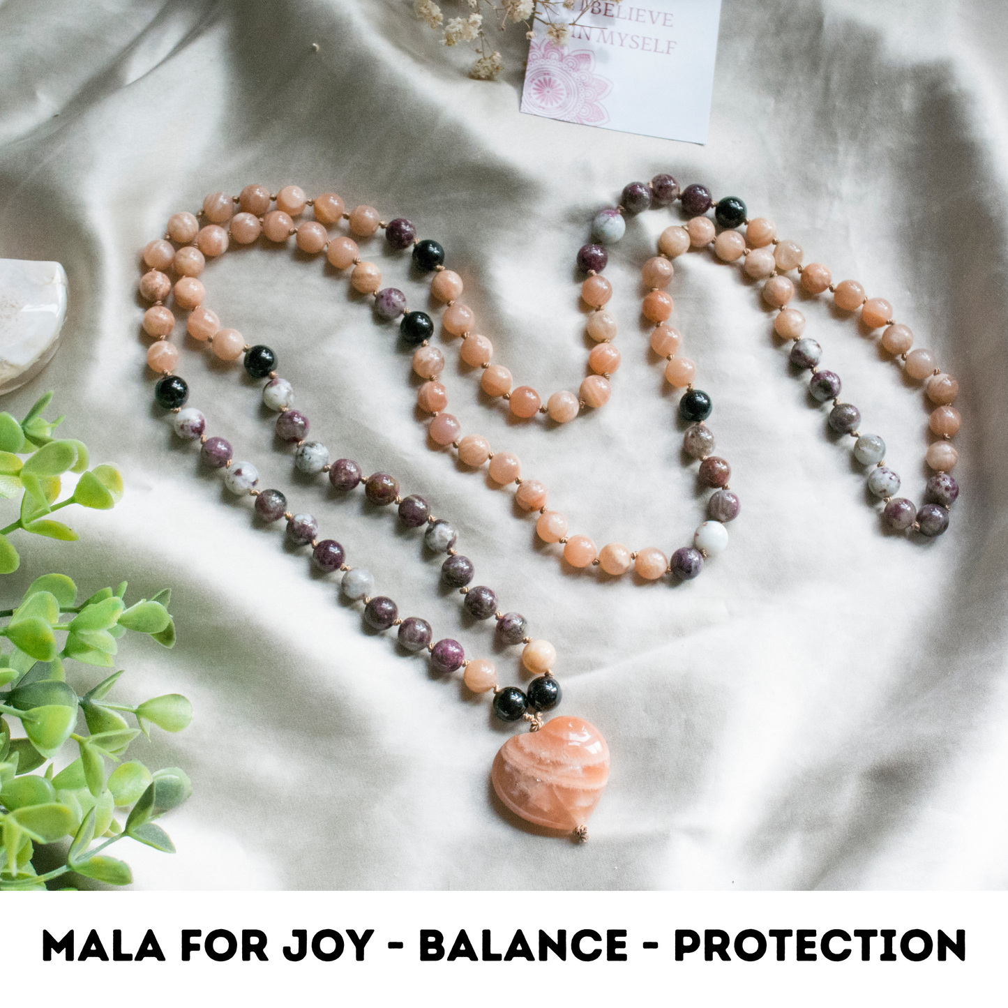 Crystal hand knotted mala for joy, balance, protection