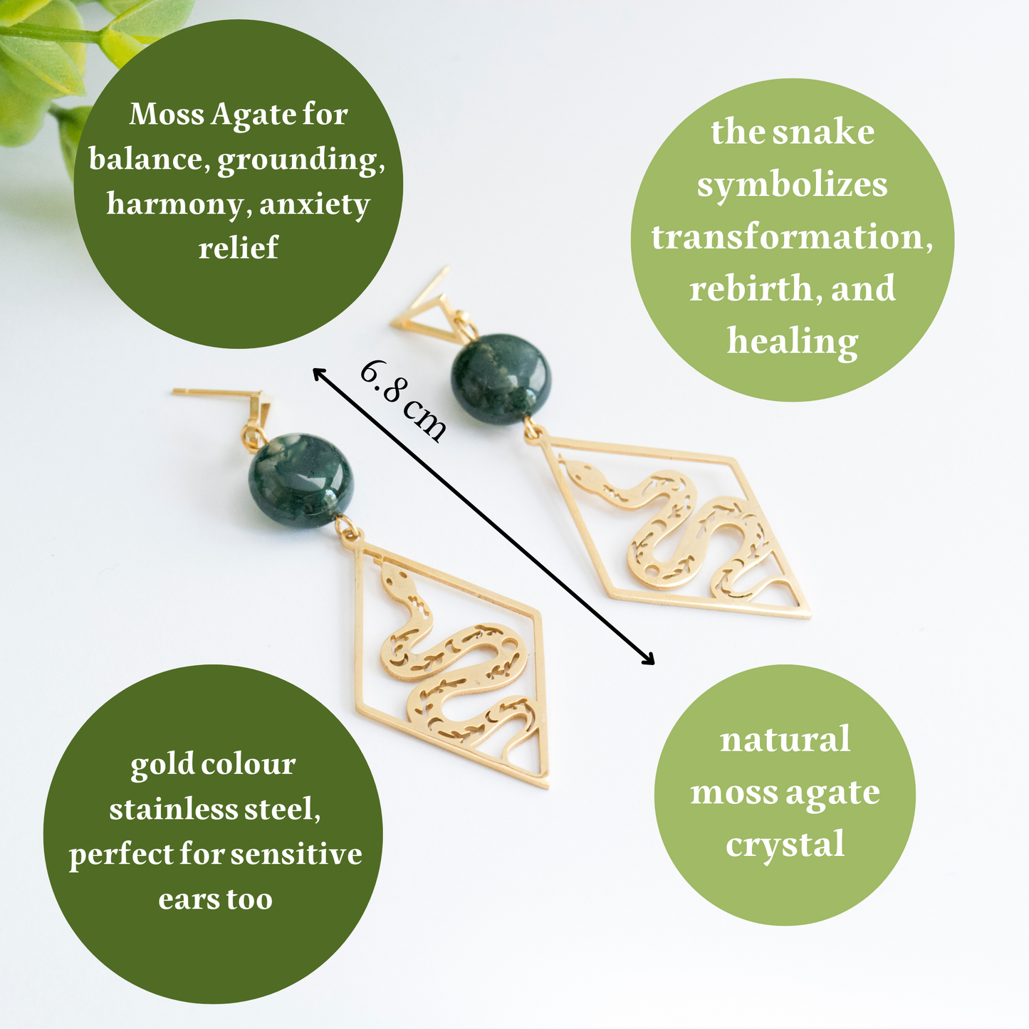 Snake dangle earrings with Moss agate crystal