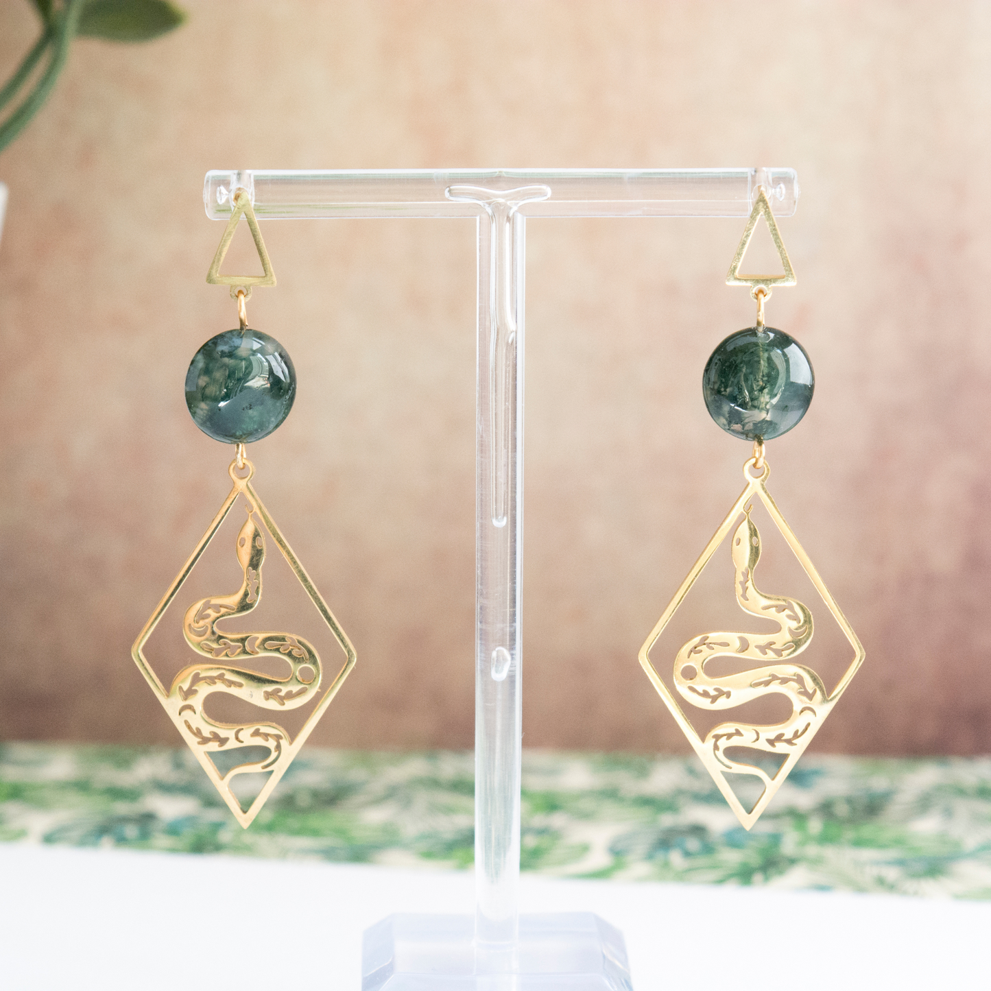 Snake dangle earrings with Moss agate crystal