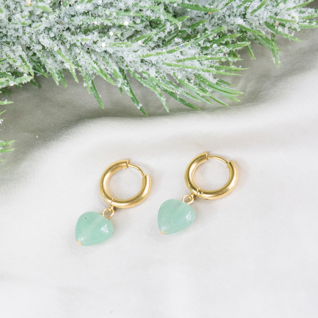 Aventurine Hoop Earrings, Dangle Stainless Steel Hoops