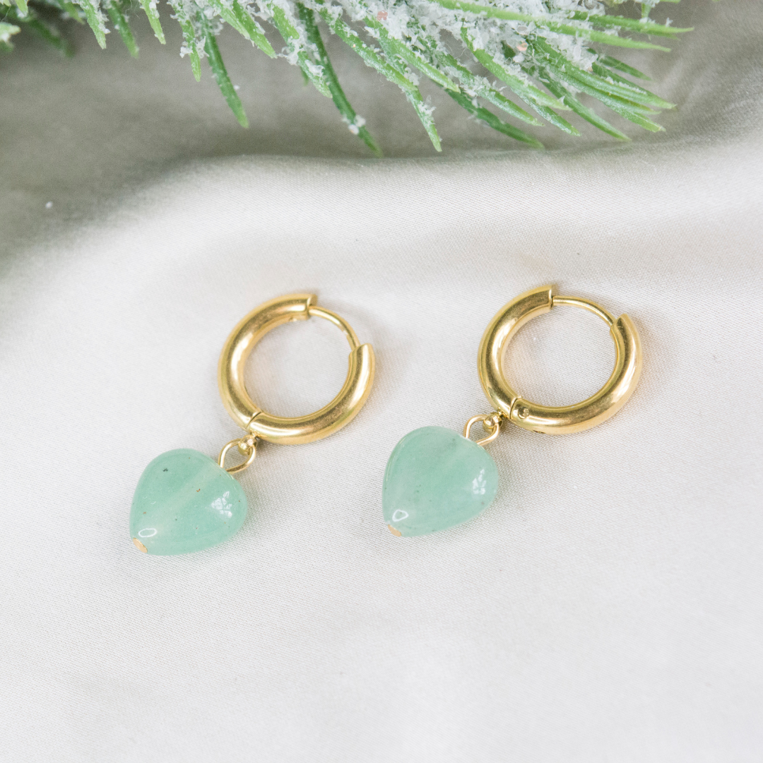 Aventurine Hoop Earrings, Dangle Stainless Steel Hoops