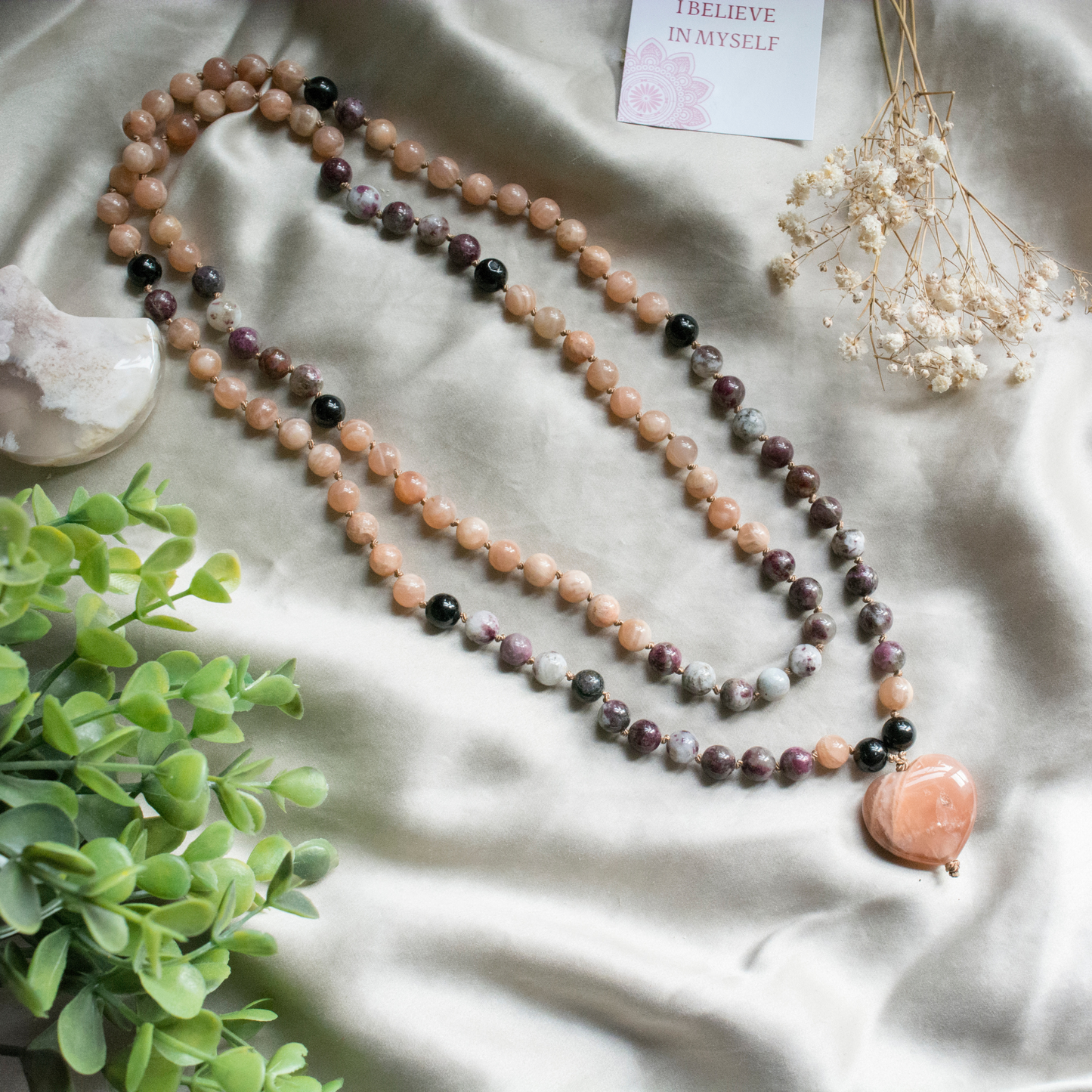 Crystal hand knotted mala for joy, balance, protection