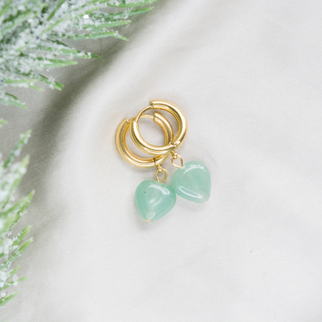 Aventurine Hoop Earrings, Dangle Stainless Steel Hoops
