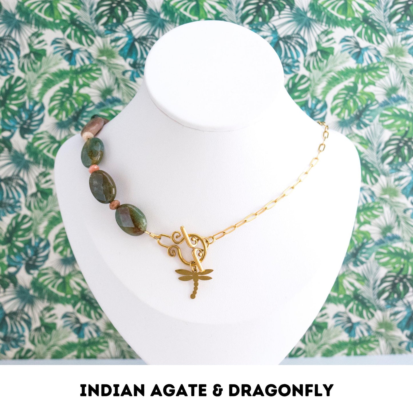 Dragonfly necklace, Assymetric choker crystal necklace, Indian Agate Crystal jewelry, Dragonfly Spirit animal Gemstone beaded necklace