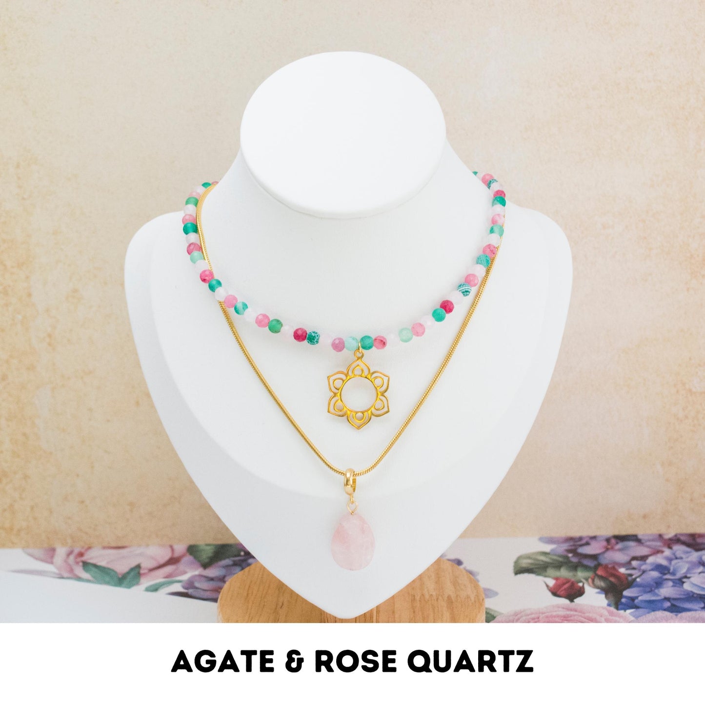 Summer colourful beaded layered gemstone choker, Bohemian Stainless Steel elegant gold colour Necklace, Rose Quartz pendant, 2 in 1 necklace