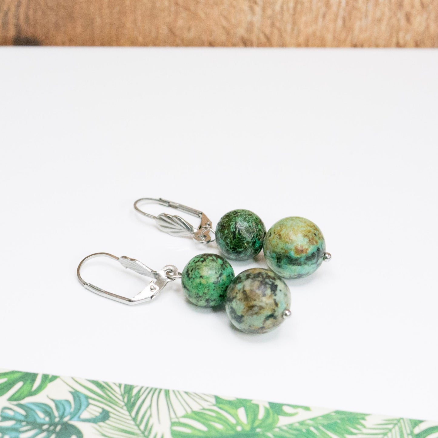 Leverback African Turquoise crystal earrings, Dangle summer earrings, Stainless steel jewelry, Elegant green gemstone dangle earrings