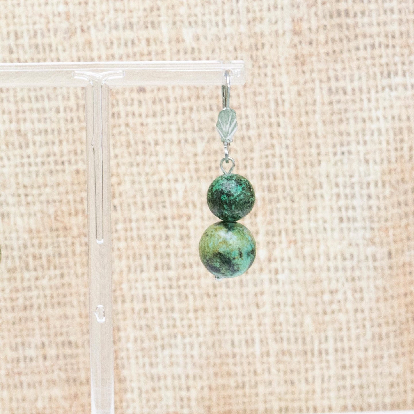 Leverback African Turquoise crystal earrings, Dangle summer earrings, Stainless steel jewelry, Elegant green gemstone dangle earrings