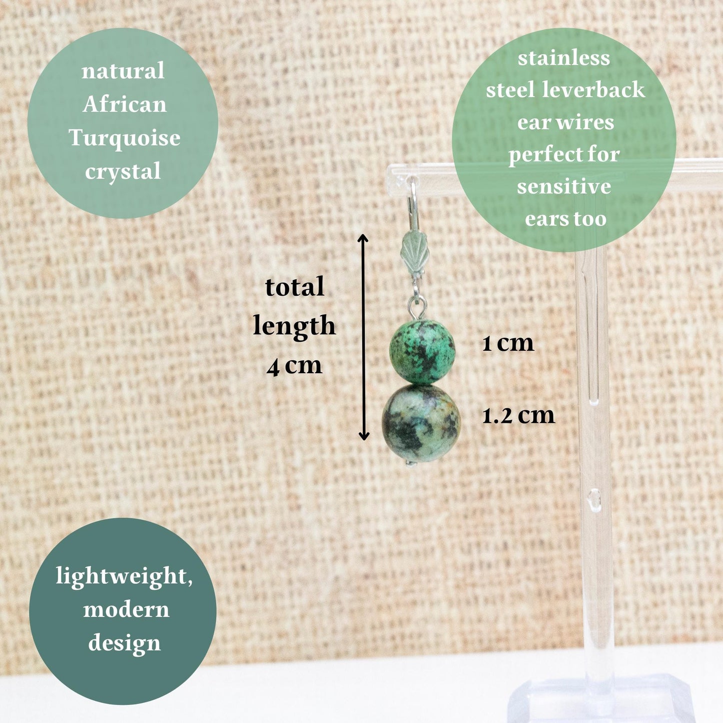 Leverback African Turquoise crystal earrings, Dangle summer earrings, Stainless steel jewelry, Elegant green gemstone dangle earrings