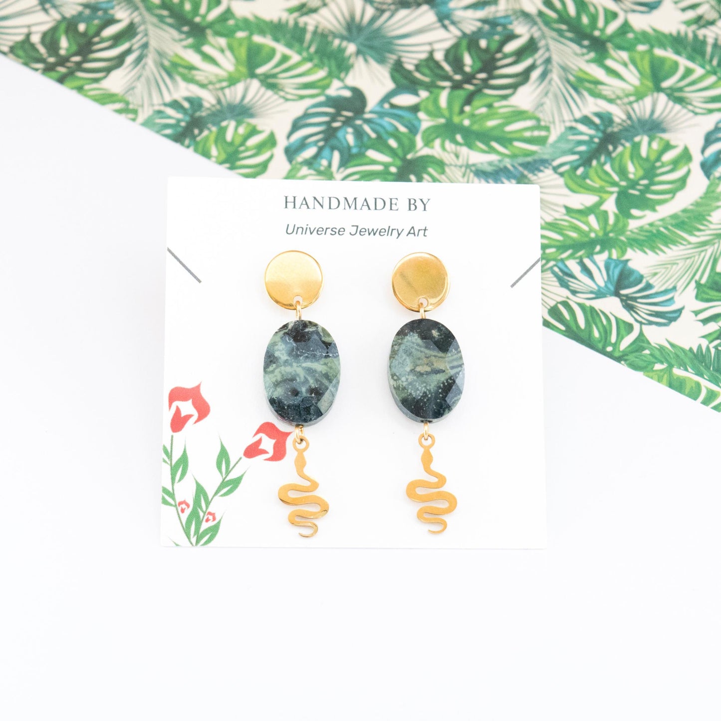 Snake and Kambaba Jasper crystal earrings, Dangle studs, Stainless steel gold colour jewelry, Elegant gemstone dangle earrings