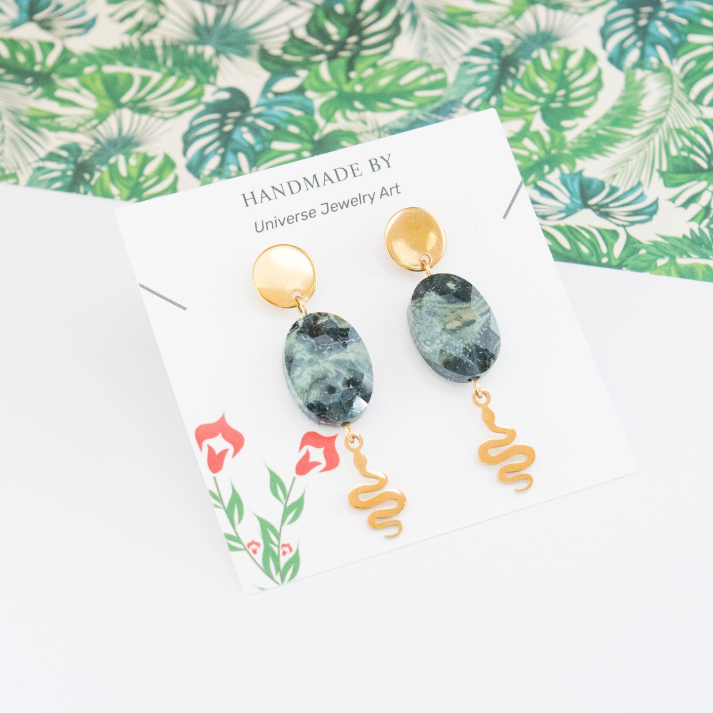 Snake and Kambaba Jasper crystal earrings, Dangle studs, Stainless steel gold colour jewelry, Elegant gemstone dangle earrings