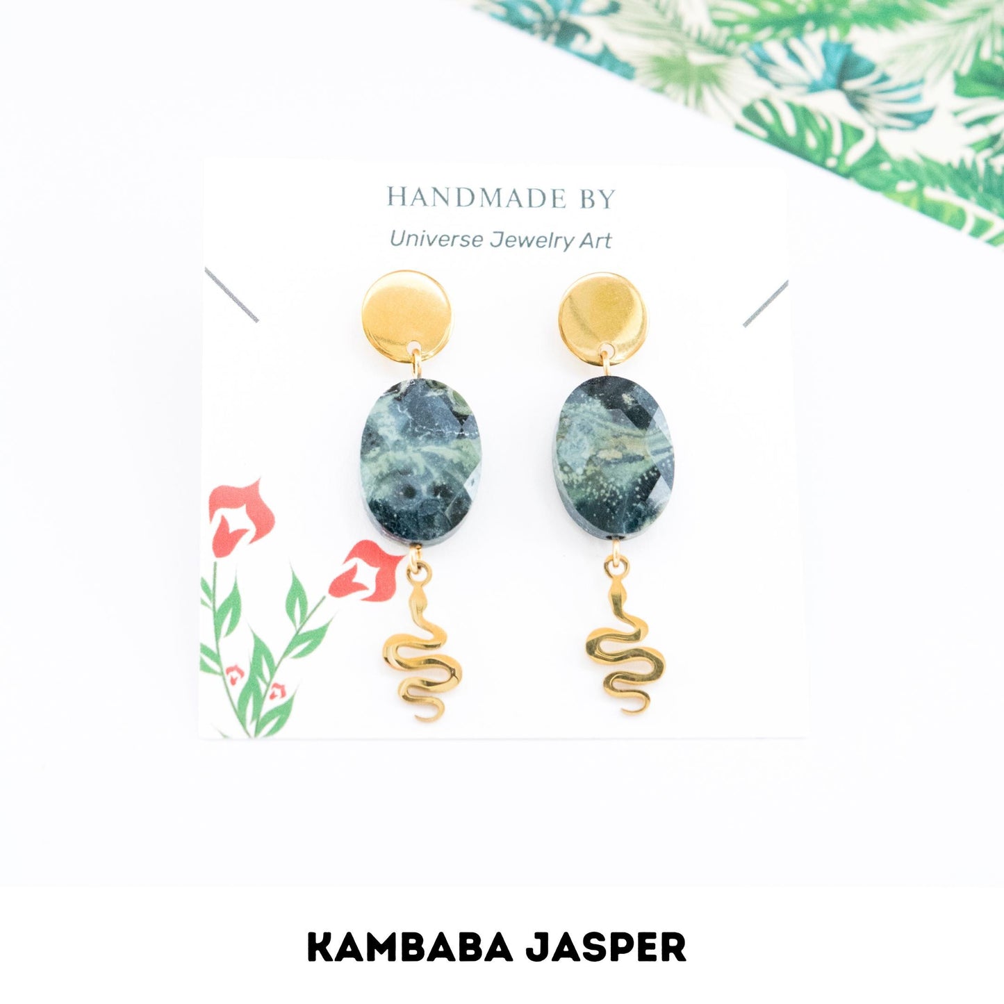 Snake and Kambaba Jasper crystal earrings, Dangle studs, Stainless steel gold colour jewelry, Elegant gemstone dangle earrings
