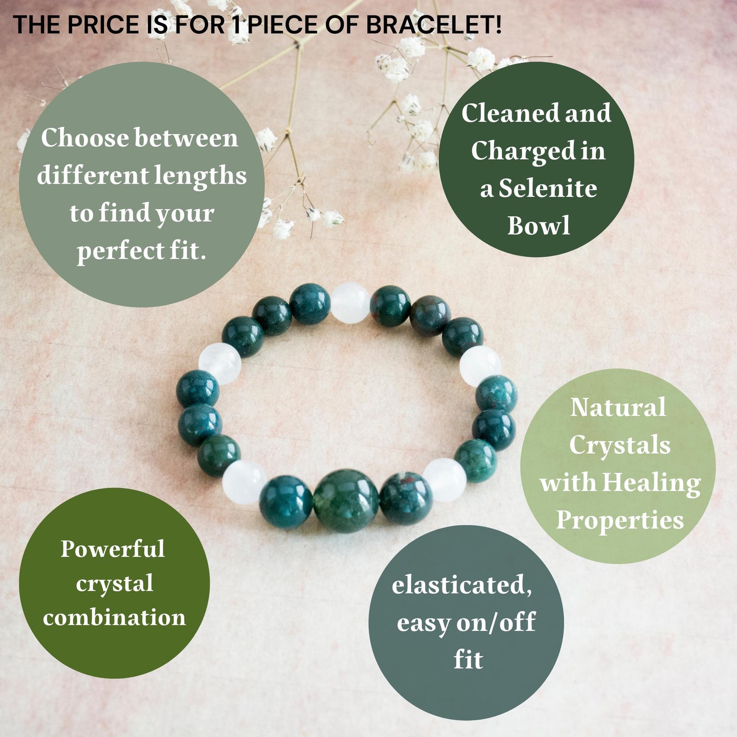 Moss Agate and Selenite, Beaded Healing Bracelet, Crystals for grounding balance harmony patience, Spiritual Jewelry, Strech bracelet