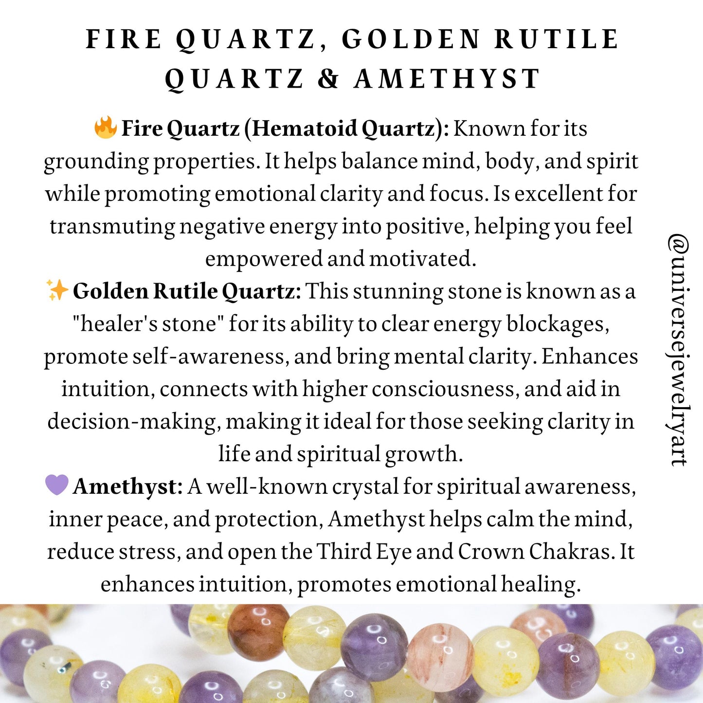 Fire Quartz, Golden Rutile Quartz & Amethyst Healing Crystal Bracelet for Emotional Balance, Mental Clarity, Spiritual Growth, Calmness