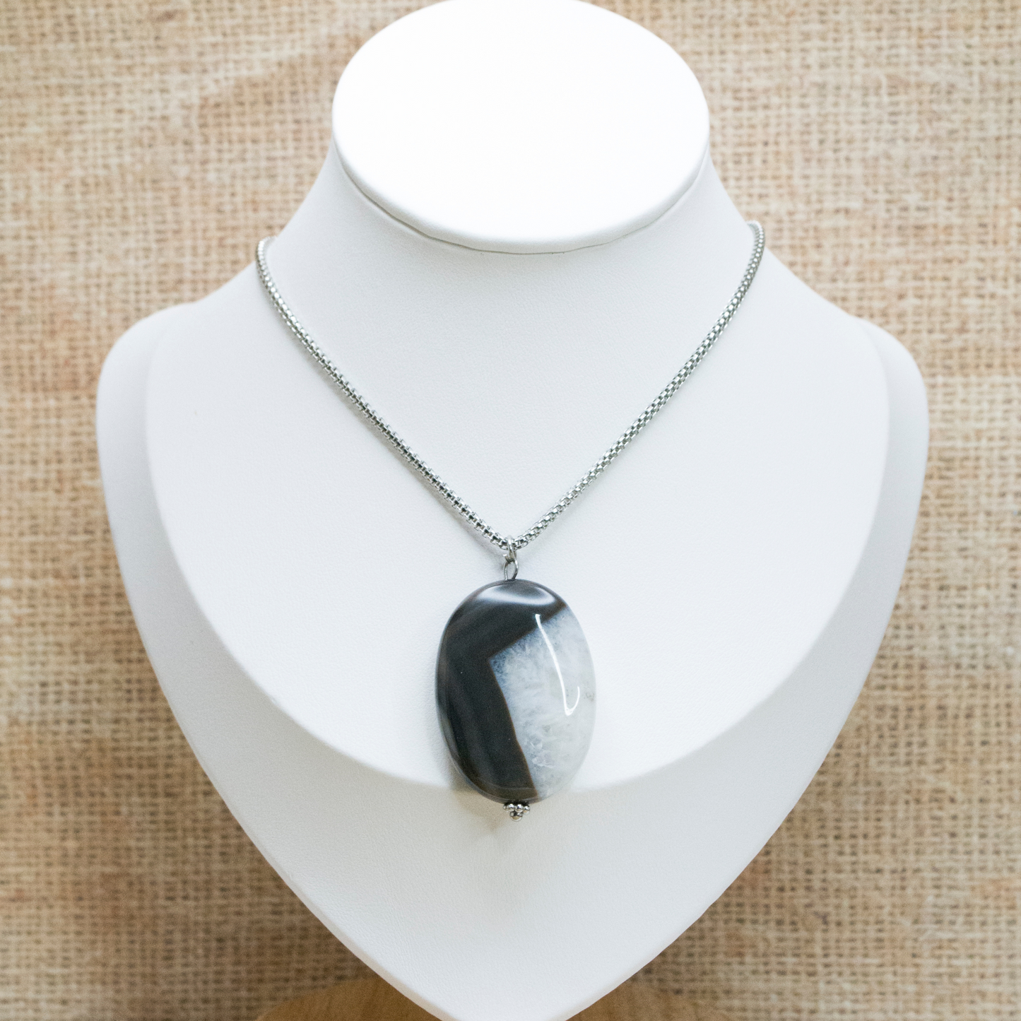 Elegant Black Agate Crystal Necklace, Long Stainless Steel chain necklace, Protection Healing jewelry