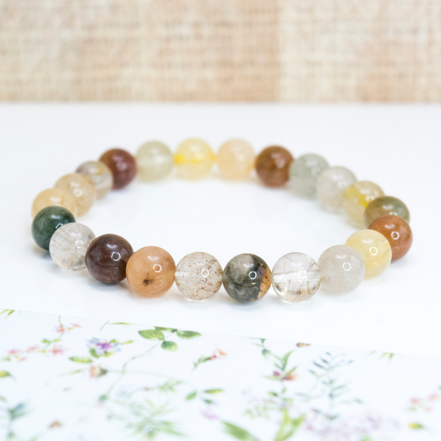 Anti-Anxiety Crystal strech beaded bracelet, Mind-Body Healing Bracelet, Rutilated Quartz Autumn crystal jewelry, Depression Relief Bracelet