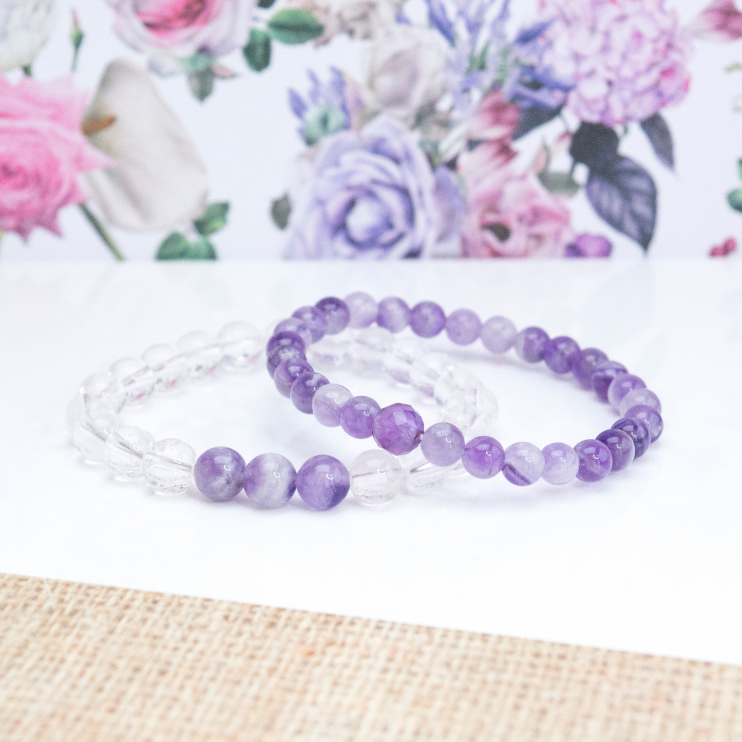 Amethyst and Clear Quartz Stack bracelet for stress reducing Intuition protection