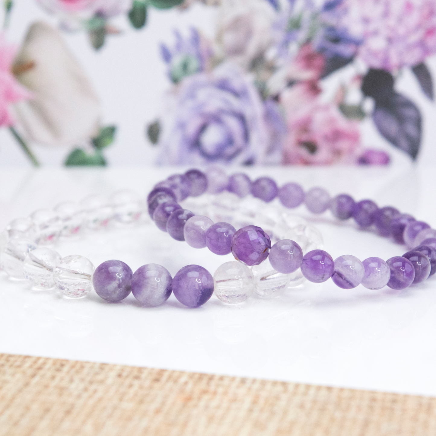 Amethyst and Clear Quartz Stack bracelet for stress reducing Intuition protection