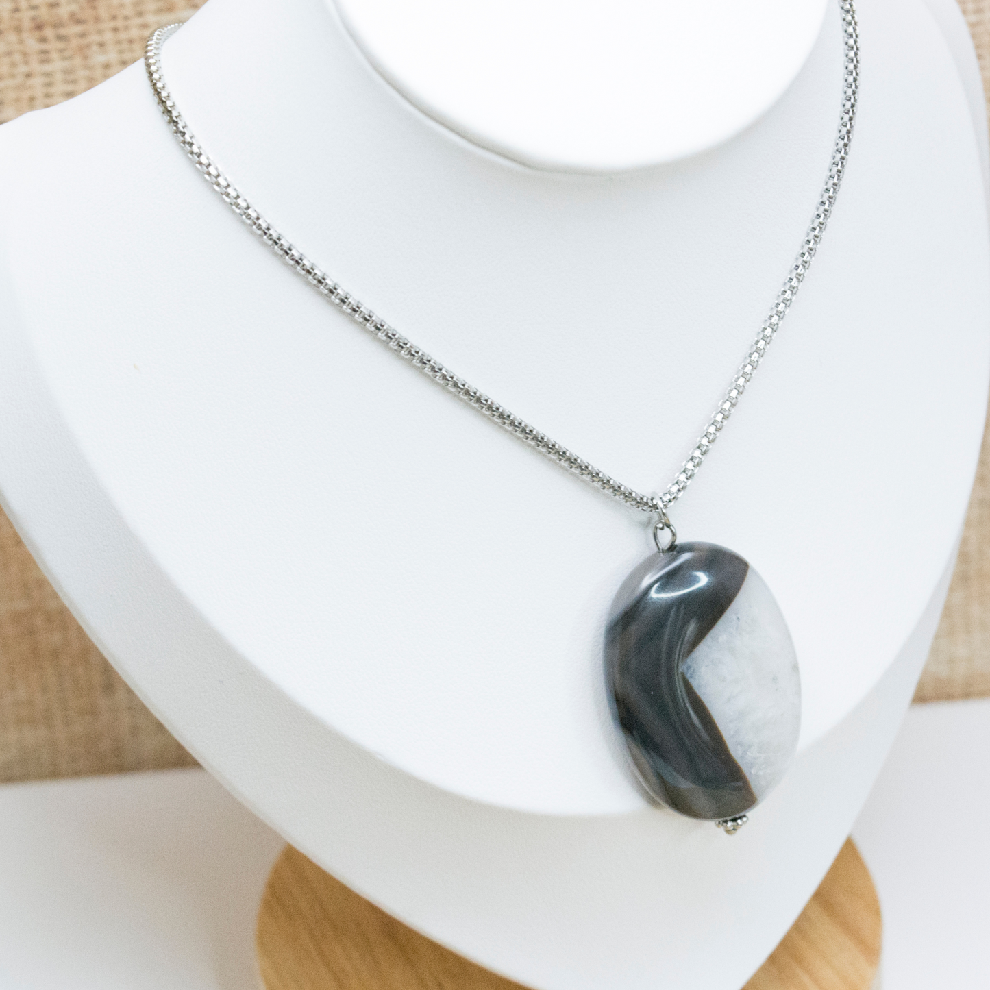 Elegant Black Agate Crystal Necklace, Long Stainless Steel chain necklace, Protection Healing jewelry