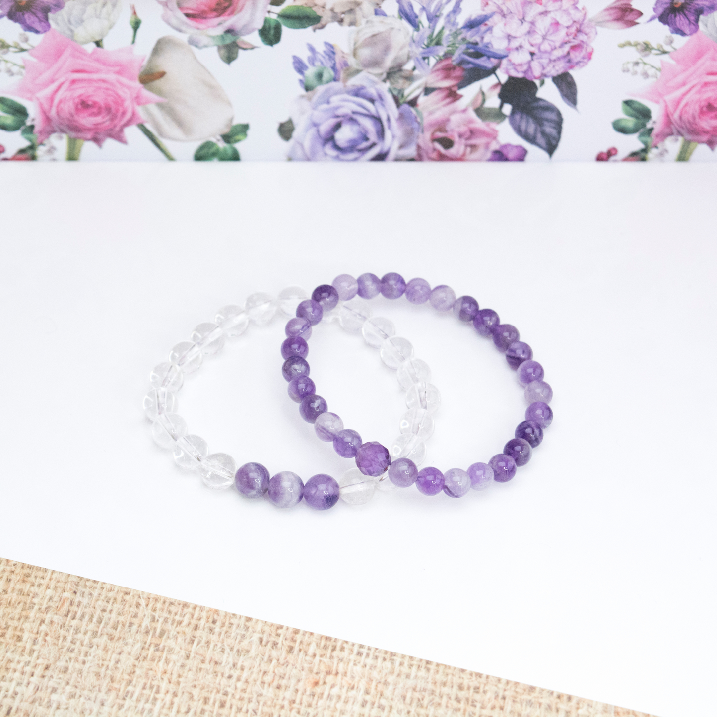 Amethyst and Clear Quartz Stack bracelet for stress reducing Intuition protection