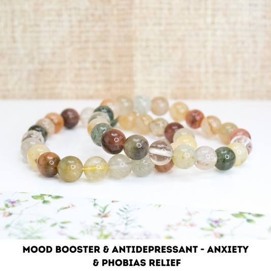 Anti-Anxiety Crystal strech beaded bracelet, Mind-Body Healing Bracelet, Rutilated Quartz Autumn crystal jewelry, Depression Relief Bracelet