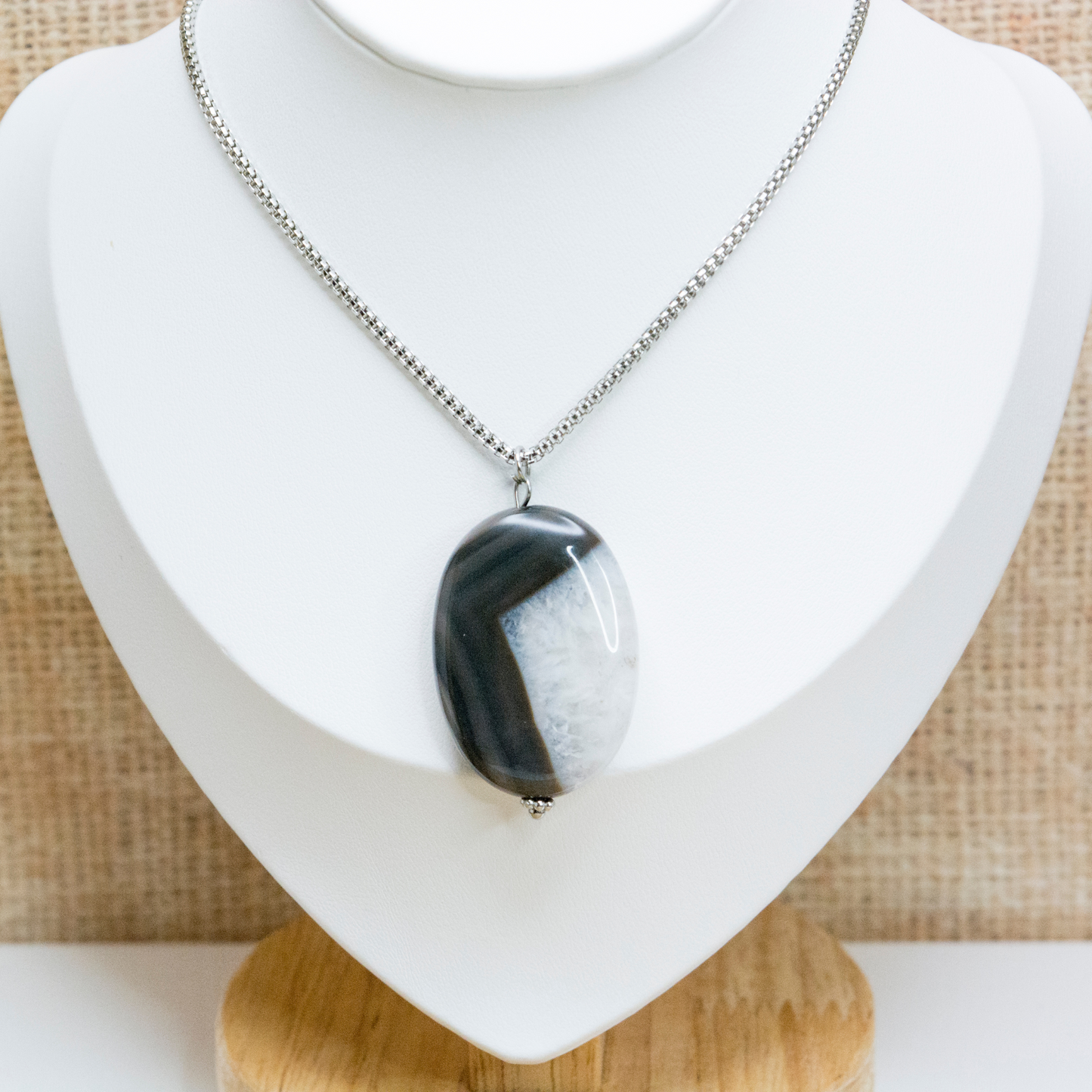 Elegant Black Agate Crystal Necklace, Long Stainless Steel chain necklace, Protection Healing jewelry