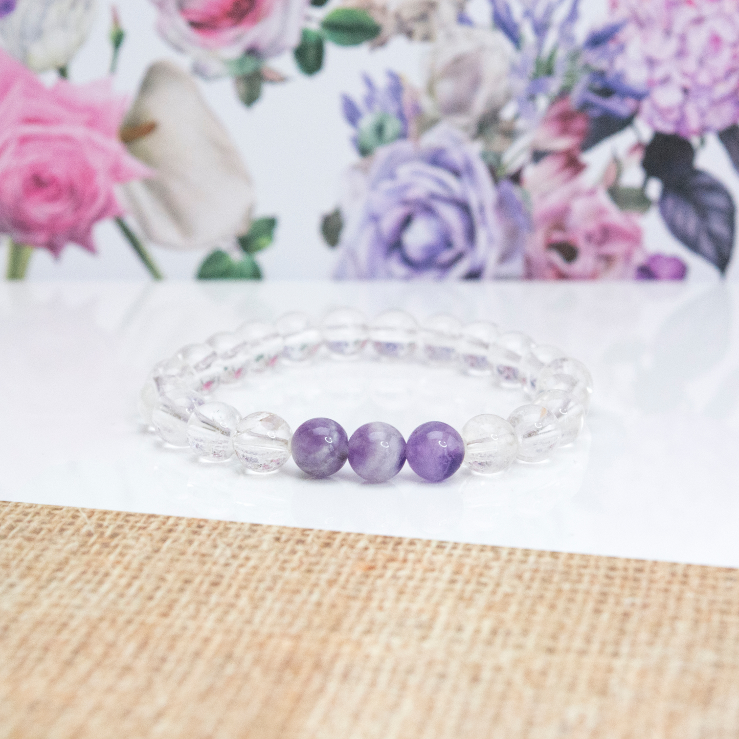 Amethyst and Clear Quartz Stack bracelet for stress reducing Intuition protection