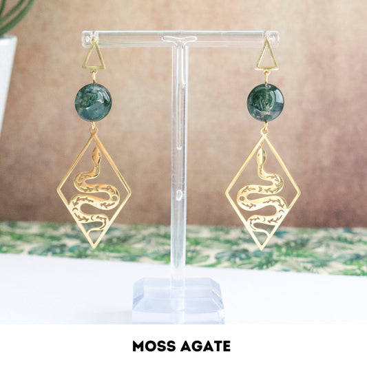 Snake dangle earrings with Moss agate crystal