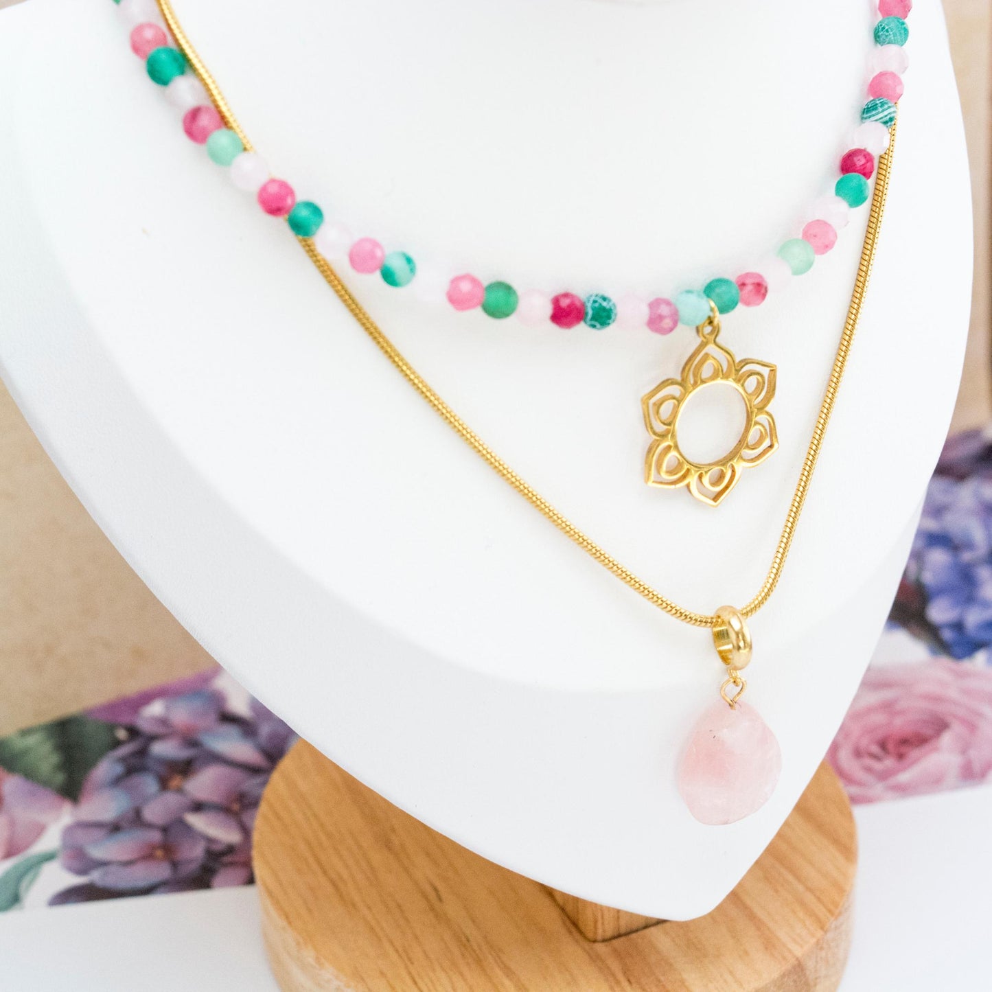 Summer colourful beaded layered gemstone choker, Bohemian Stainless Steel elegant gold colour Necklace, Rose Quartz pendant, 2 in 1 necklace