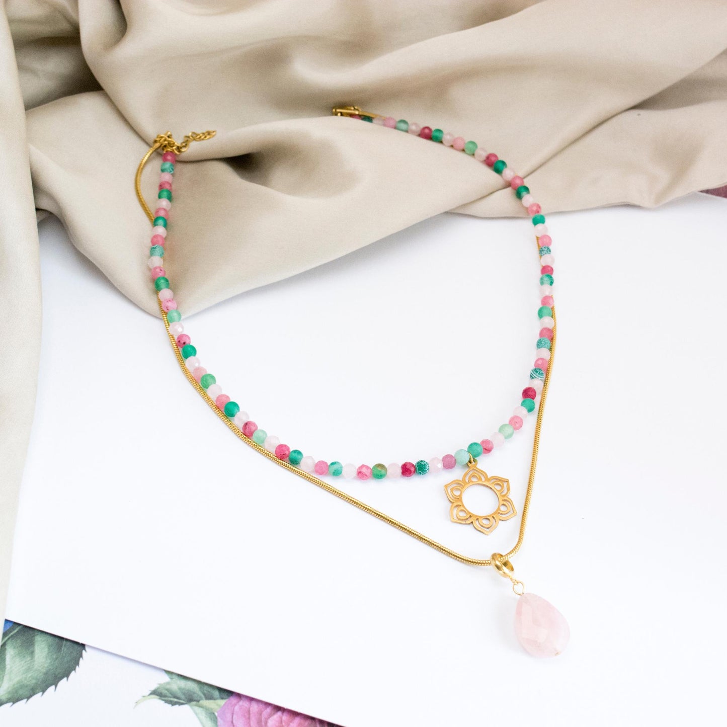 Summer colourful beaded layered gemstone choker, Bohemian Stainless Steel elegant gold colour Necklace, Rose Quartz pendant, 2 in 1 necklace