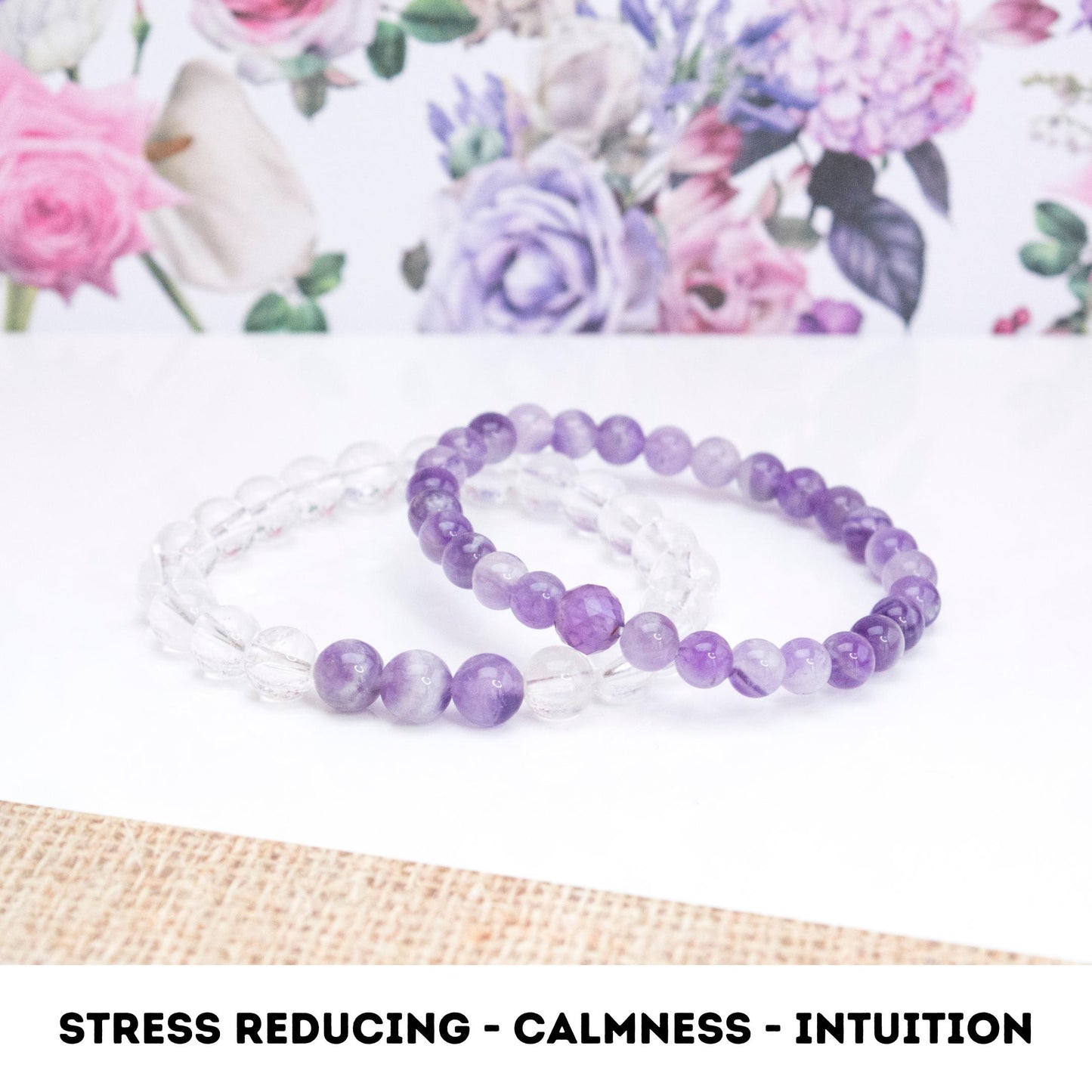 Amethyst and Clear Quartz Stack bracelet for stress reducing Intuition protection