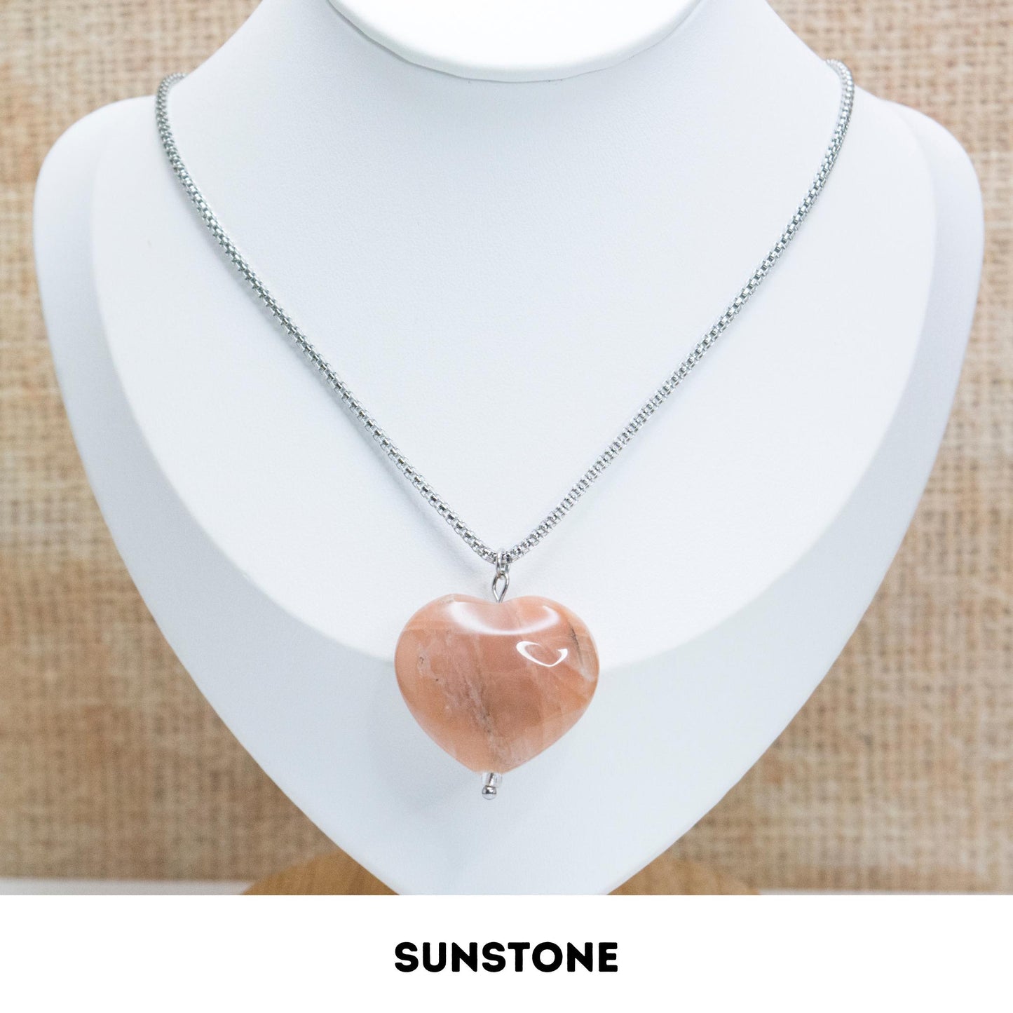 Sunstone Worry Stone Necklace, Freeform pendant stainless steel long necklace, Heart crystal pendant, Poitivity Joy Vitality healing jewelry