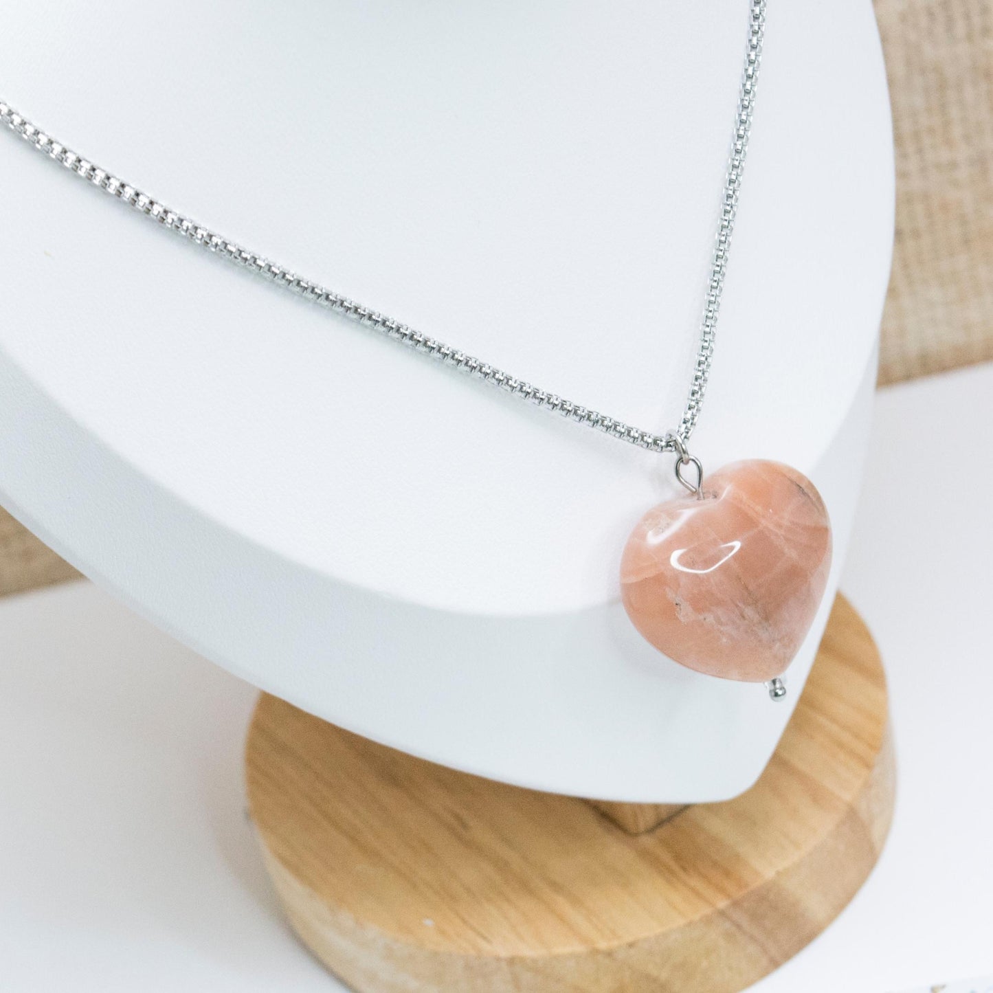 Sunstone Worry Stone Necklace, Freeform pendant stainless steel long necklace, Heart crystal pendant, Poitivity Joy Vitality healing jewelry