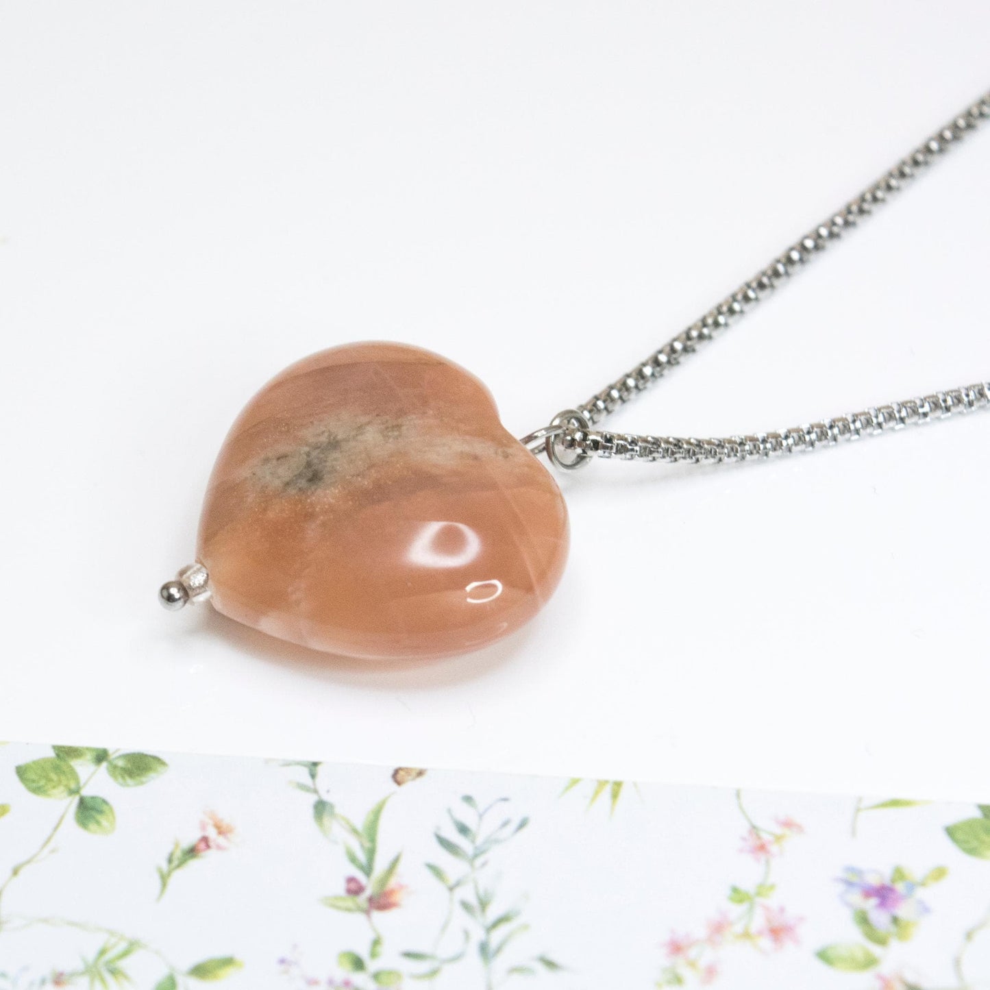 Sunstone Worry Stone Necklace, Freeform pendant stainless steel long necklace, Heart crystal pendant, Poitivity Joy Vitality healing jewelry